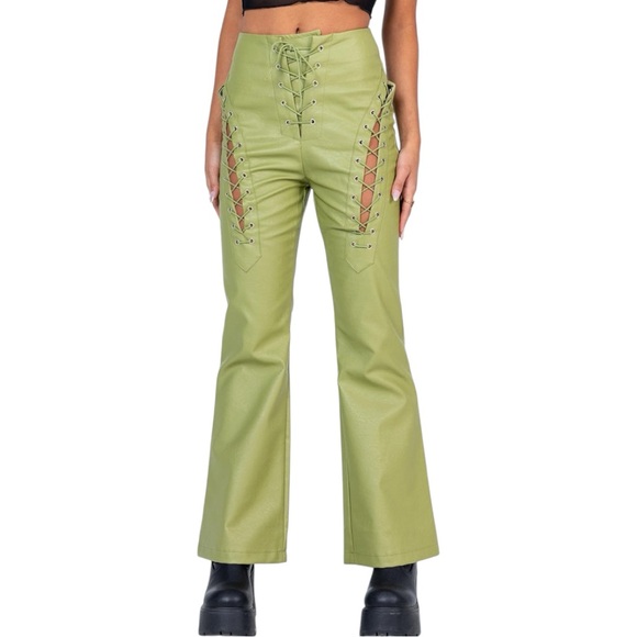 Princess Polly Pants - Princess Polly Harvey Pu Pants Green Lace Up Flare Faux Leather Size 2